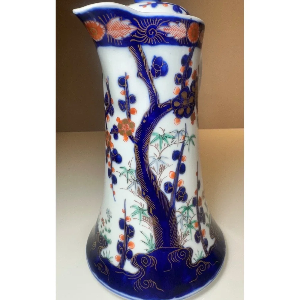 Antique Japanese Imari Porcelain Chocolate Pot Blue Orange Gold Hand Painted